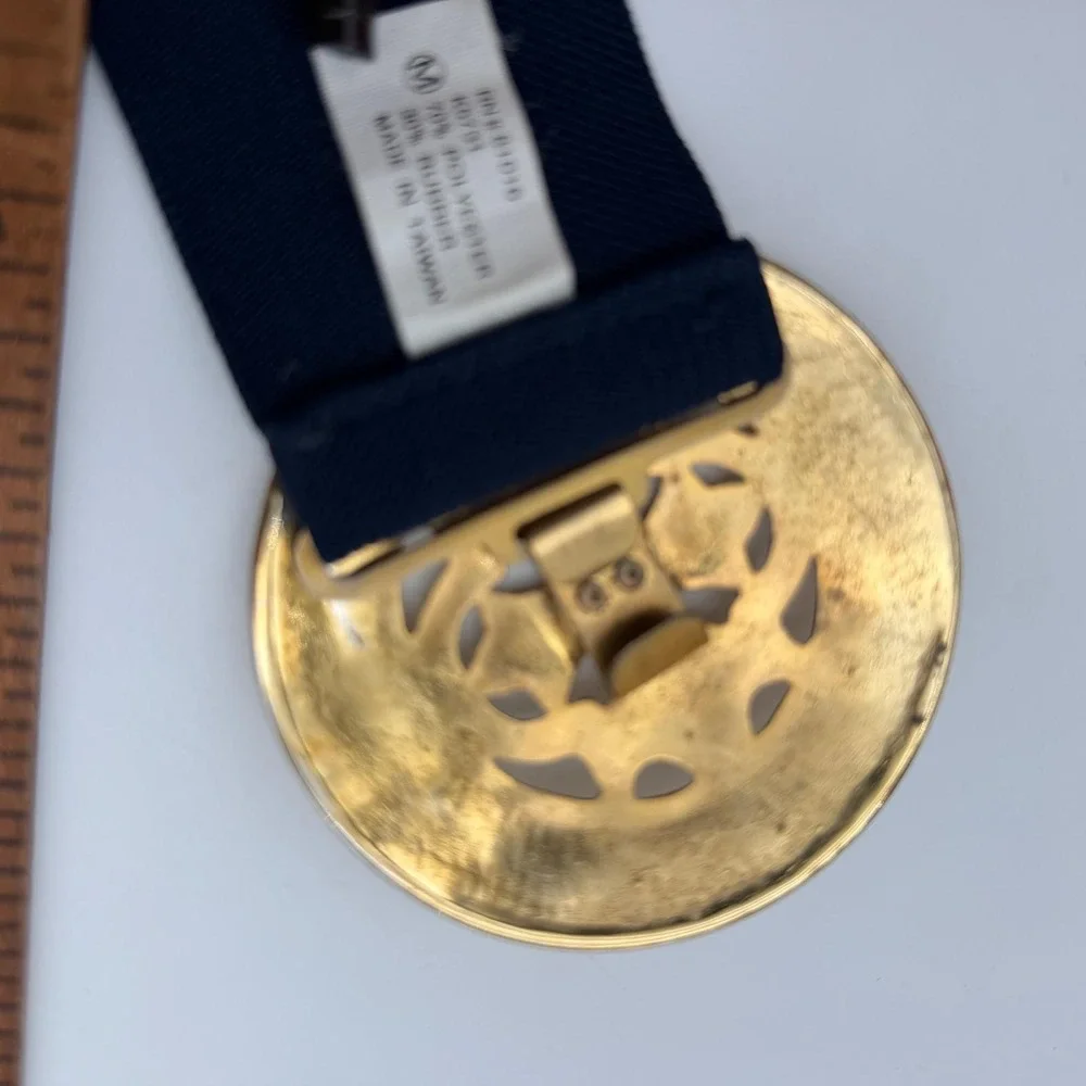 Vintage Navy Blue Elastic Cinch Belt Gold Filigree Round Buckle Medium 27 Inch